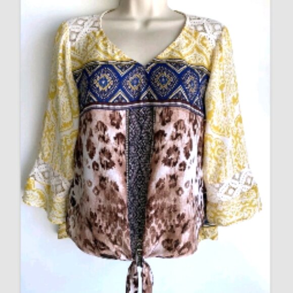 NWT Anthropologie Fig & Flower Tie Front Lace Detail 3/4 Sleeve V-neck Blouse L - Picture 5 of 17